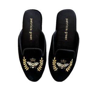 Patricia Green Beatrice Velvet Slippers Bee Embroidery Mule Flats Size 7